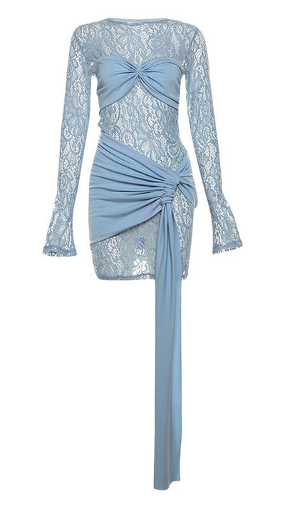 Himmelblå One-Shoulder Mini Kjole med Asymmetrisk Skørt og Lange Gennemsigtige Ærmer – Elegant Festkjole 8