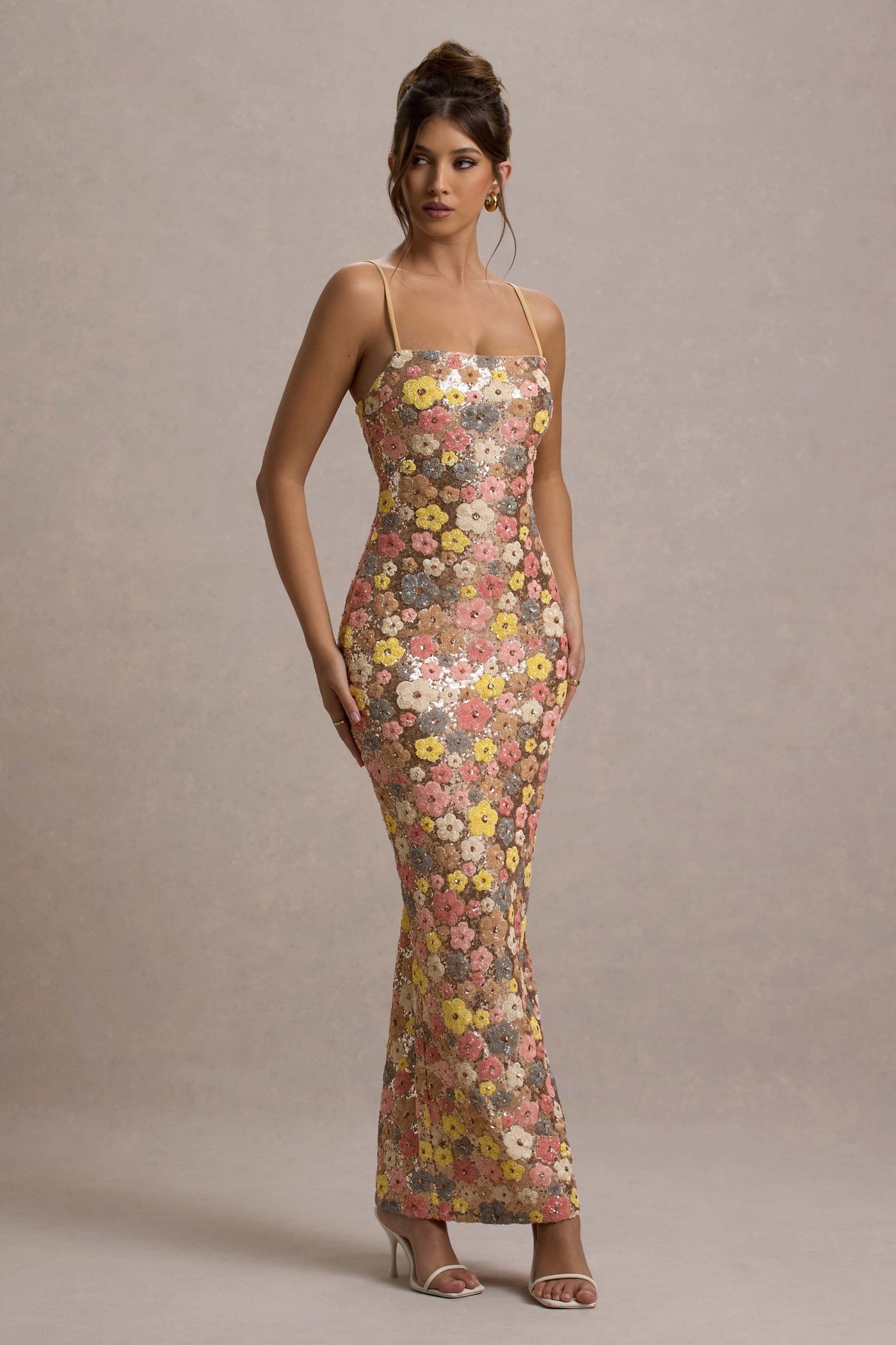 Maxikjole med Blomsterprint og Justerbare Spaghettistropper – Elegant 80'er Inspireret Design i Polyester 0