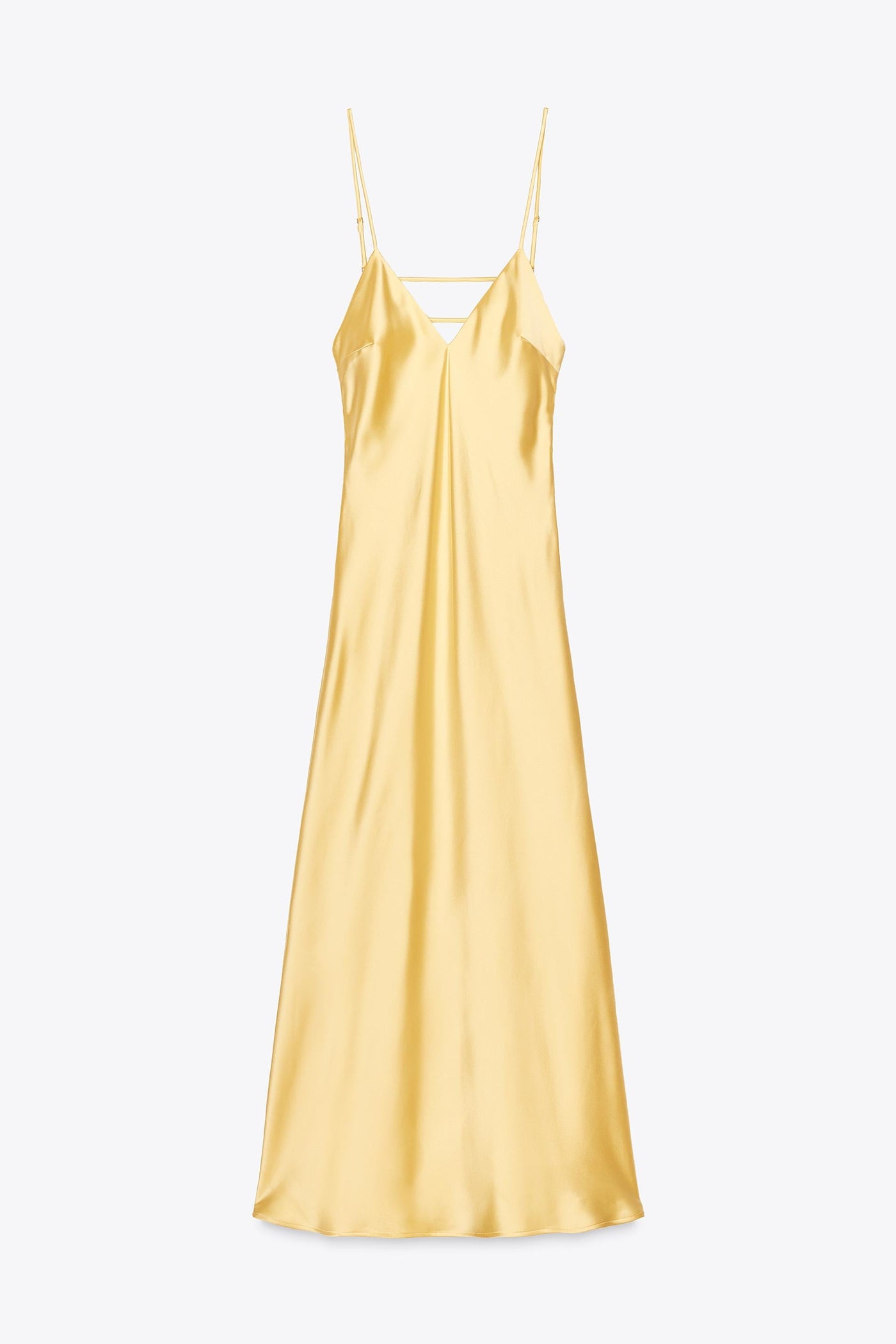 Satin Midi Kjole Med Dybt V-Hals og Backless Design – Blød Gul, Elegant og Komfortabel 1